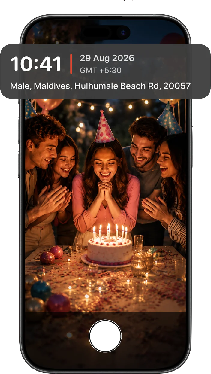 Timestamp Camera showing a photo stamped with time, date, time zone, and address
