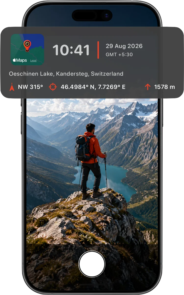 A stamped hiking photo showing a map thumbnail, GPS coordinates, compass heading, and altitude